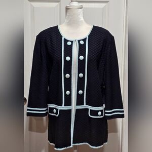 Ming Wang Applique Cardigan Jacket Black With Light Blue Trim